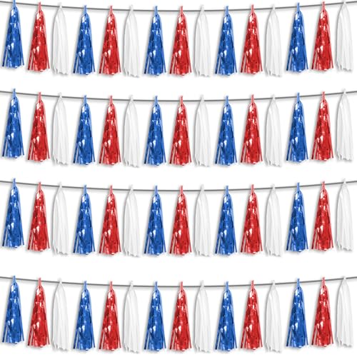 Image of 4P Red Blue White Foil Fringe Metallic Tassel Streamers Banner Tassel Garland for Parade Floats, Graduation, Wedding, Birthday, Halloween, Christmas, Independence Day, 4th of July, Party Decorations