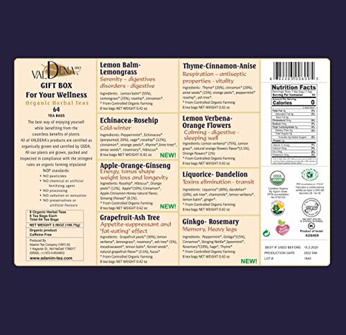Valdena Bio Organic Herbal Tea Variety Pack, Tea Sampler Gift Set Box, 8 Flavors Assorted Tea, Total Of 64 Tea Bags, Caffeine Free Tea Set, Collection Of Unique Teas With Variety Of Health Benefits #TOP1