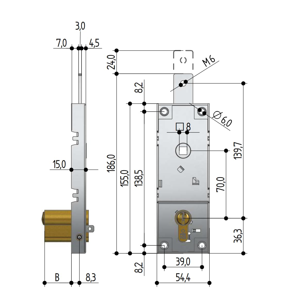 Prefer B561.681Z.0000 Serrature per Porte Basculanti/garage interasse 70 mm Cilindro Profilo Europeo senza cilindro, catenaccio con foro M6