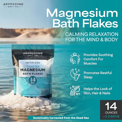 Aromasong Magnesium Flakes from The Dead Sea, 14 OZ. Resealable Pack- Muscle Relaxing Magnesium Chloride Bath Salts Soak.