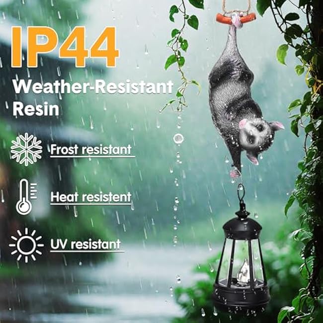 Gerrii Solar Light Outdoor Statues Resin Possum Upside Down with LED Lantern 13'' Waterproof Hanging Animal Figurine with String for Yard Garden Tree Wall Decoration Gifts for Mom Women