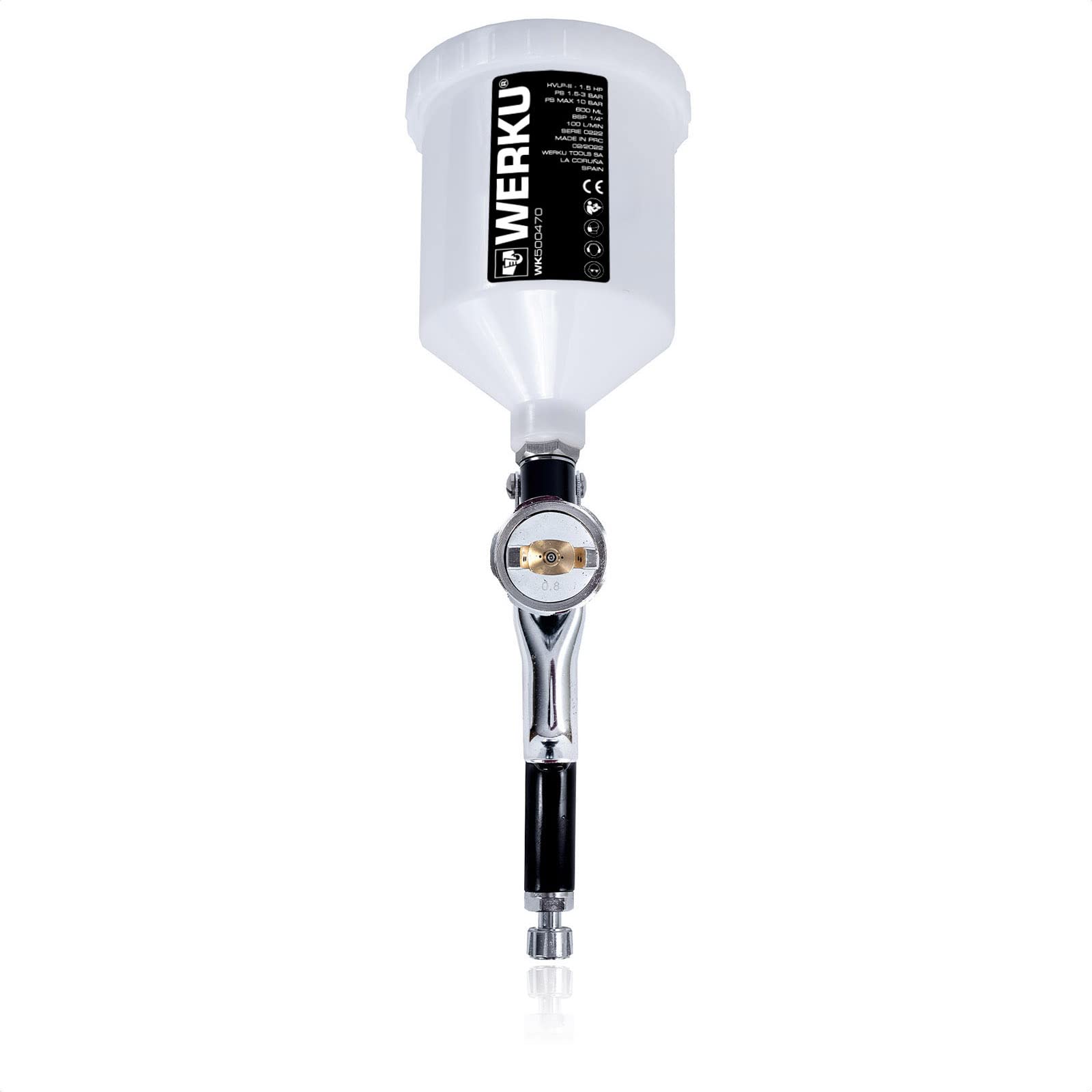 Werku WK500470, Pistola Pintar Gravedad Neumática, Calidad Profesional, Boquillas 1.3-1.5 mm, Depósito 600 ml, Sistema HVLP-III, Especial Barnices, Esmaltes, Viscosidades Bajas/Medias