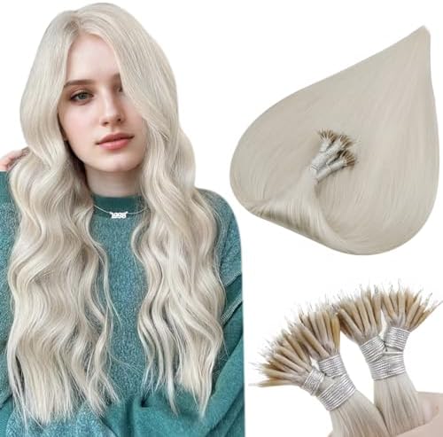 Hetto Hair Extensions Nano Human Hair 18Inch Blonde Human Hair Nano Tip Hair Extensions Real Human Hair Straight Nano Beads Hair Extensions Invisible #60 Platinum Blonde 50g