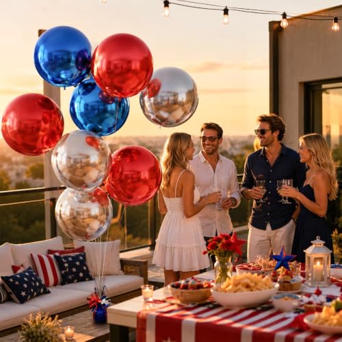 Image of 9 Pcs Red Blue Silver Round Foil Balloons Red Royal Navy Blue Metallic Silver Chrome 4D Ball Mylar Balloons for 4th of July Birthday Anniversary Patriotic American Flag Graduation Party Decor