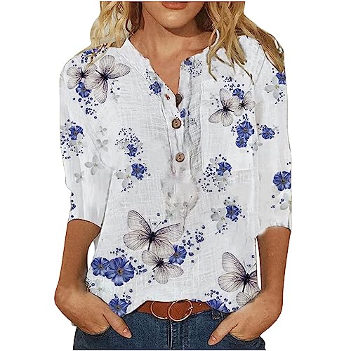 XUSIJAKQ1 Blusa feminina casual com decote em V estampado camisa pulôver de praia férias elegante ve