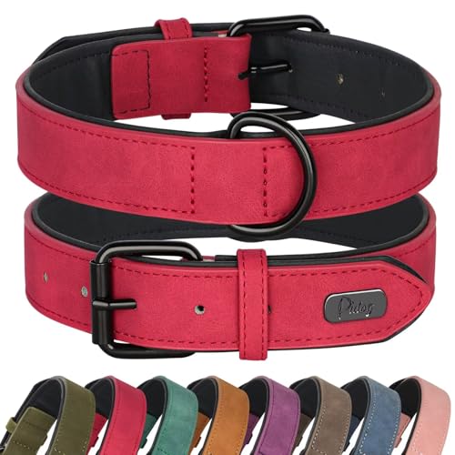 Image of Didog Soft PU Leather Dog Collar, Breathable Padded, Red, Neck 14-18 inch