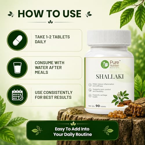 Image of Pure Nutrition Shallaki Tablets | Shallaki Pain Relief Tablets | Boswellia Herbal Supplement for Joint Health, Mobility & Active Lifestyle Support | Shallaki Guggul Ayurvedic Formula - 250mg 90 Tabs