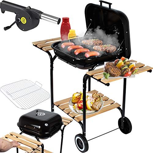 GrillMaster Barbecue au charbon EmaBend GM3000 + Souffleur, Jardin, Charbon, Avec Roulettes, Étagères En Bois