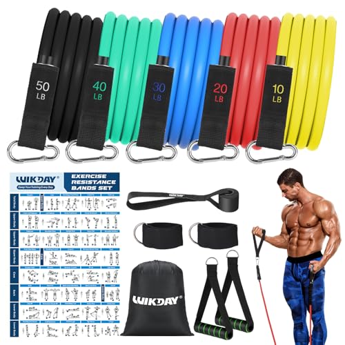 WIKDAY Exercise Resistance Bands with Handles for Working Out, 150/200/250/300 Lbs Workout Bands Set with Door Anchor for Physical Therapy, Yoga, Pilates