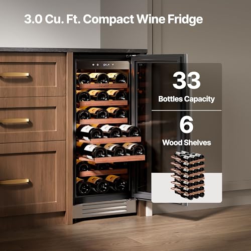 Image of Ca'Lefort 15 Inch Wine Fridge, 33 Bottles Under Counter Wine Cooler | 40-65F Touch Control, Dual-Pane Glass Door, Adjustable Shelves, 3 Color LED, Built-In or Under Counter for Home Bar Kitchen