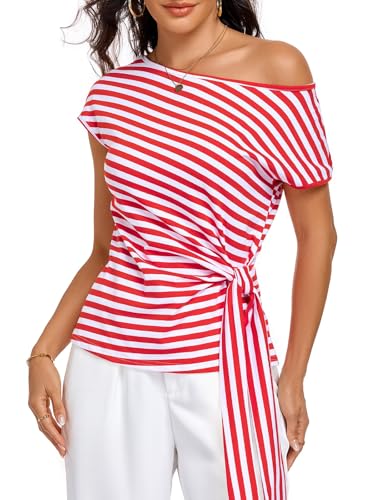 Image of HOTIAN Womens Cap Sleeve T Shirts 2026 Tie Waist Wrap Tops Crew Neck Blouses Dressy Casual Loose Work Business Dressy