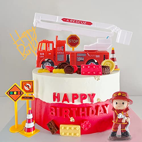 Fire Truck Cake Topper Firefighter Cake Decoration Fireman Themed Happy Birthday Cake Toppers,Truck Firefighter Figurines Cake Topper For Fireman Theme Baby Shower Birthday Party Decoration(10Pcs) #TOP4