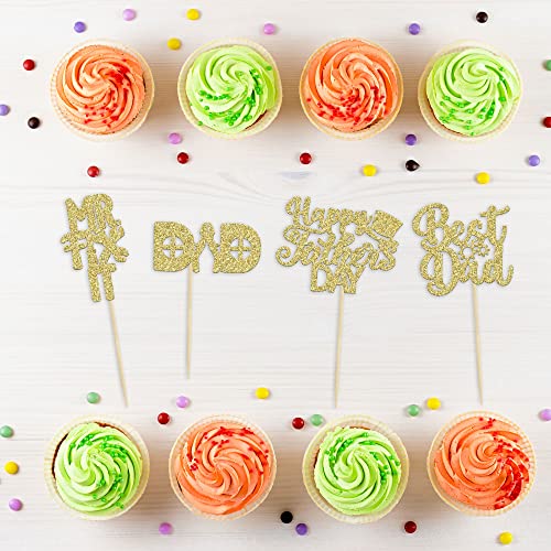 24 Pcs Happy Father's Day Cupcake Toppers With Hat Tool Theme Gold Glitter Best Dad Cupcake Picks Dad Birthday Decorations For Fix It Theme Father's Day Dad Birthday Party Supply #TOP2
