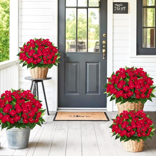 KHOYIME Artificial Flowers for Outdoors, 3PCS Red Fake Impatiens Flower Bouquet Faux Silk Floral Stems Plants Bulk UV Resistant Indoor Decorations for Table Centerpieces Home Garde image 8