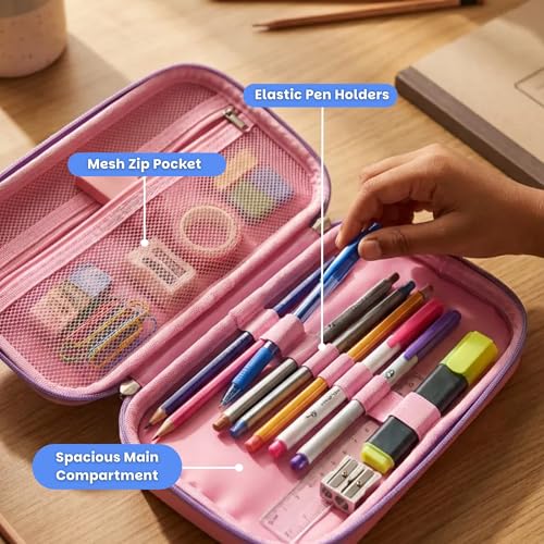 Image of Famyo June Unicorn Pencil Pouch for Kids | 3 Compartment Pencil Case | Hard Shell EVA Pencil Box with Mesh Pocket & Zipper | School Stationery Organizer for Girls