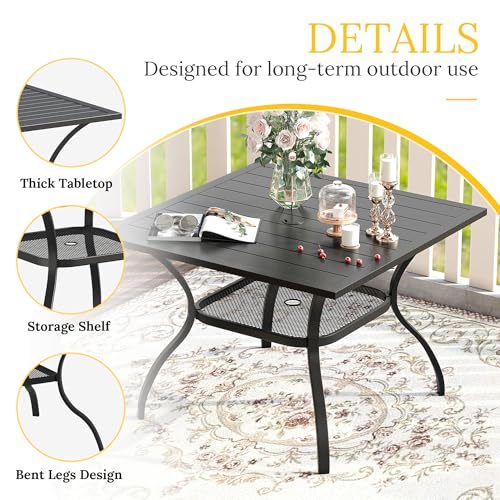 Image of VICLLAX 5 Pieces Patio Dining Set, Outdoor Furniture Set Includes 1 Square Outdoor Table and 4 Stackable Patio Sling Chairs, Black Tabletop and Brown Fabric