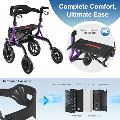 Image of MAXWALK Walkers for Seniors, Foldable Rollator Walker with Seat & Backrest | 12 inch Large All-Terrain Rubber Wheels, Height Adjustable, Aluminum Frame, Cup Holder, Elderly Walking Aid, Easy Assembly