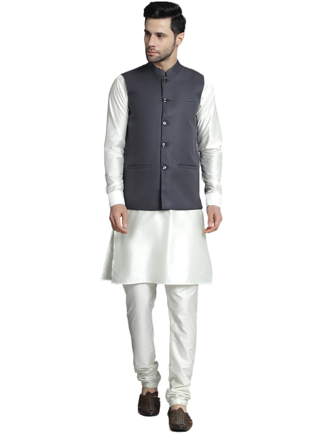 jompers Men's Solid Nehru Jacket with White Kurta & Churidar-picture-22