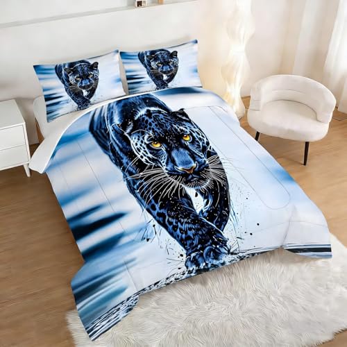 Image of Blue Leopard Comforter Set Full Size 3D Cheetah Bedding Sets for Boys Kids Adults Bedroom Decor Wildlife Animal Quilt 1 Comforter 2 Pillowcases