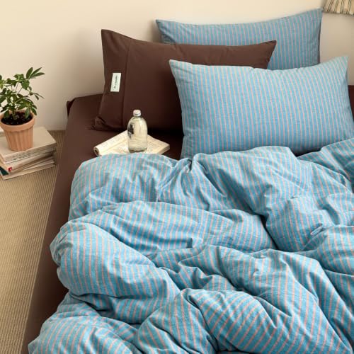 Striped Duvet Cover Set Washed Cotton,Twin XL(68"x90"),Pinstripes Blue