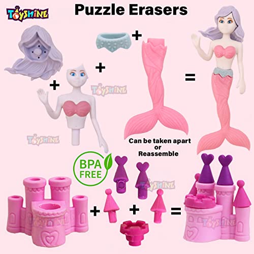 Image of Toyshine Pack of 13 Mermaid Princess Castle Colorful Erasers for Children Party Favors, School Supplies