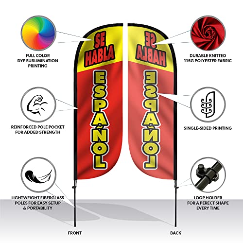 Image of LookOurWay Feather Flag Set - 5ft Tall Advertising Banner Flag with Pole Kit and X-Stand for Business Promotion - Se Habla Espanol