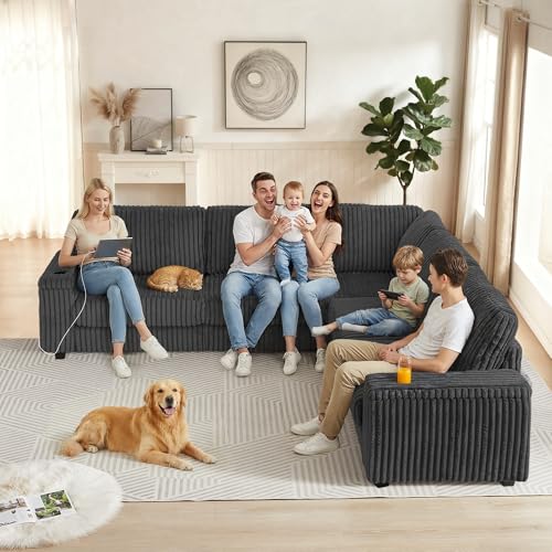 Image of Corduroy Sectional Couch for Living Room, Oversized L Shaped Couch, Modular Corner Sofa with Storage USB Ports and Cup Holders for Living Room, Bedroom and Apartment, Grey
