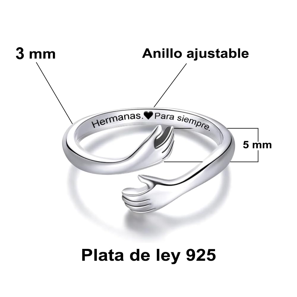 Bramart Anillo mujer de plata de ley 925 ajustable – Regalo Original para hermanas en cumpleaños o Navidad, joya emocional con caja elegante incluida, anillo abierto elegante