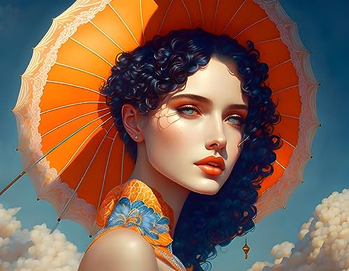 Toile femme au parasol orange 58x90 anti reflet mur vide
