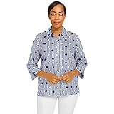 Alfred Dunner Women's Petite Dot Stripe 3/4 Sleeve Button Down Top Size PM Navy/White