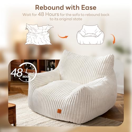 Image of Giant Bean Bag Chair, Oversized Bean Bag Couch for Adults, Fluffy Corduroy BeanBag with Armrests for Living Room, Bedroom, Dorm Vacuum-Compressed for Easy Gifting, 48h to Expand, Beige