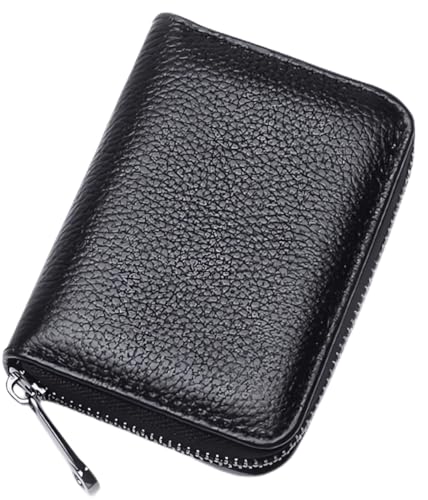Credit Card Holder Genuine Leather Small Card Wallet for Women or Men 20 Card Slots RFID Blocking Accordion Wallet with Zipper (Black 11)