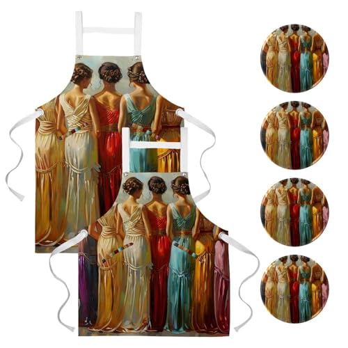 Lot de 2 tabliers de cuisine impermeables avec poches et motif art elegant pour homme et femme