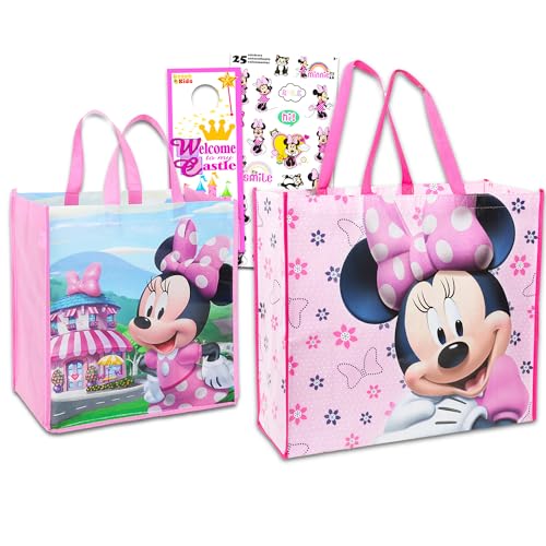 Disney Minnie Mouse Tote Bags Value Pack - 2 Reusable Large Tote Grocery Party Bags Featuring Minnie Mouse with Minnie Stickers