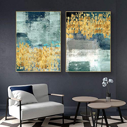 Peinture sur toile abstraite pour habiller un mur vide - Déco verte et dorée lumineuse 60x90