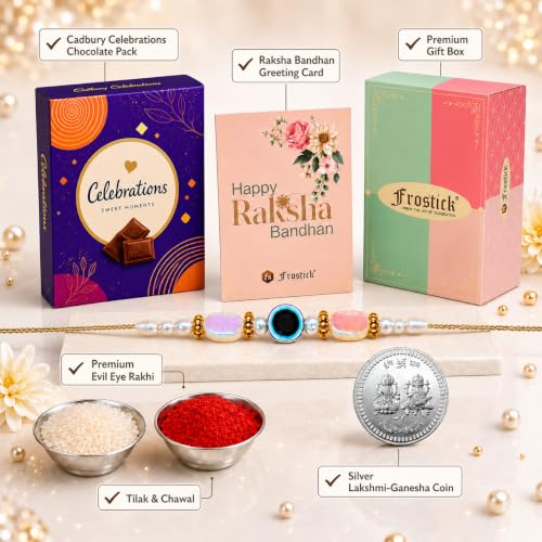 Image of Frostick Rakhi Combo for Brother with 1 Evil Eye Rakhis, Chocolates Roli Chawal Greeting Card and Gift Box Ideal for Raksha Bandhan Festival Gifting