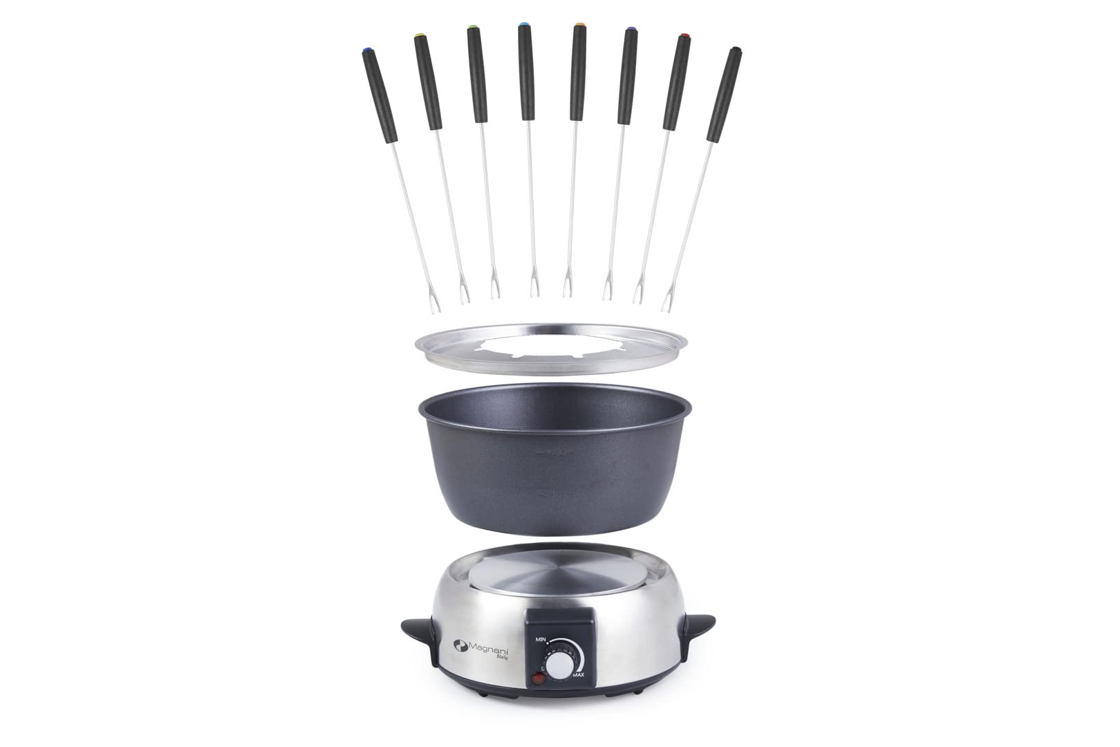 MAGNANI Appareil à fondue électrique pour 8 personnes. Fondue Chinoise, Bourguignonne, Savoyarde, Chocolat. Services à fondu capacité 1,75 Litres 800W.