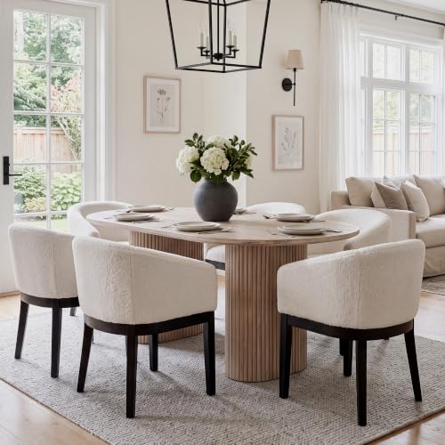 Image of HNY Barrel Dining Chairs Set of 6, Mid Century Modern Upholstered Dining Chairs with Arms, Sherpa Boucle Kitchen & Dining Room Chairs, Solid Wood Frame Accent Chairs for Kitchen, Apartment, White