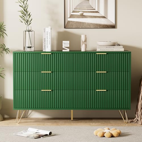 Image of Furniway Green Dresser for Bedroom, Modern Dresser with Gold Metal Handles & Chests of Drawers for Bedroom, 15.7 inch D x 47.2 inch W x 29.5 inch H