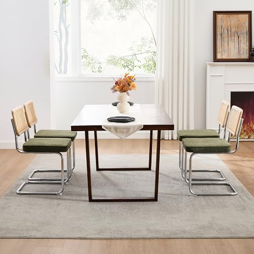 Image of Zesthouse Natural Rattan Dining Chairs Set of 4, Mid Century Modern Dining Chairs with Solid Wood Back & Chrome Base, for Kitchen Living Room, Breuer Design Inspired, Upholstered Linen Fabric, Green