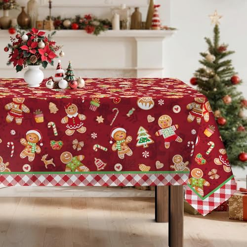 Arquiel Mantel Rectangle, Navidad Pan De Jengibre Rojo Cuadros Mantel Impermeable Antimanchas Lavable Duradera Verde para Cocina Comedor Fiestas Primavera Verano(152X213Cm)