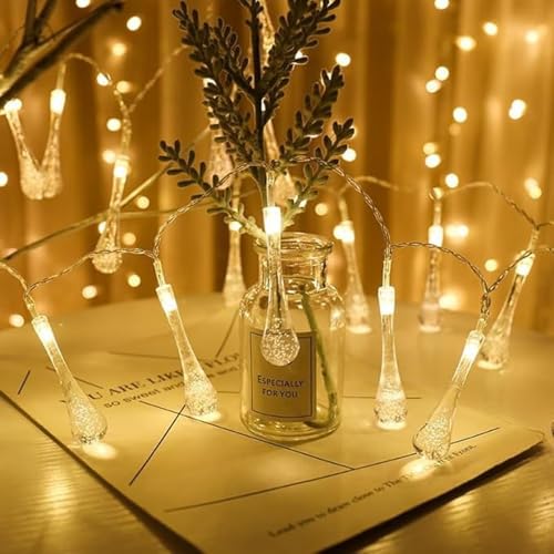Image of XERGY Waterdrop String Lights Outdoor 10ft 14 LED, Teardrop Water Drop String Lights Warm White,LED Outdoor Lights for Diwali Home Garden Patio Yard Tree Party Wedding Christmas Decoration