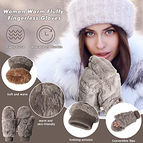 Satinior 2 Pairs Faux Fur Fingerless Gloves Flip Cover Mittens Winter Warm Soft Half Finger Mittens Faux Fuzzy Lined Wool Convertible Fingerless Gloves For Women Girls, Black And Gray #TOP2