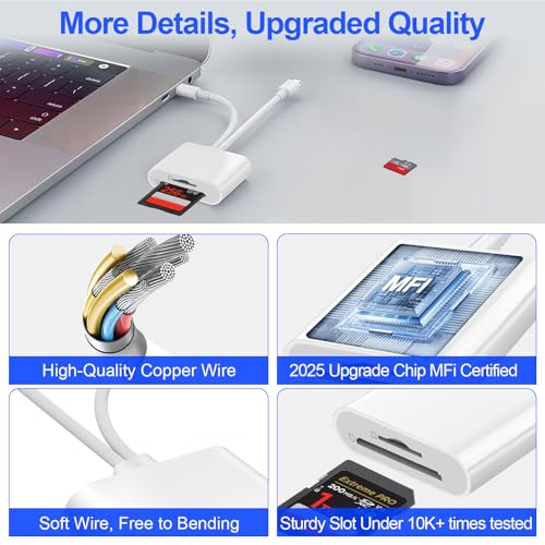 Denlane SD Card Reader for iPhone iPad, USB C & Lightning Dual Interface Memory Card Reader, Digital Camera Adapter to iPhone/MacBook/USBC Laptop for SD/TF/Sim Card, Plug & Play, Camera Accessories