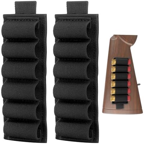 ELVO 2 Pack 6 Rounds Shell Card Holder for Rifle Shotgun Cartridge Ammo, Shotgun Shell Carrier 12/20 Gauge for Buttstock, Velcro Shotgun Shell Holder with Adhesive Back Sticker (Black) Cover