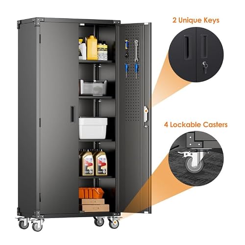 Aobabo Garage Storage Cabinet with Wheels,72" H Metal Storage Cabinet with 2 Doors and 4 Adjustable Shelves for Garage Home, Black,Required-Assembly