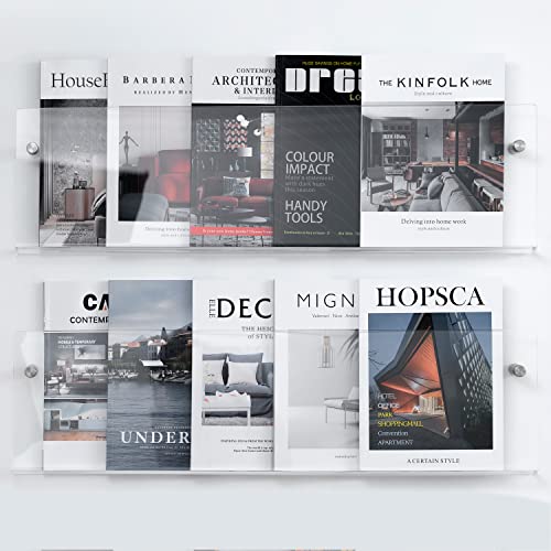 XOHYW 2 Pack Clear Acrylic Magazine Holder, Wall Mount Bookshelf Magazine Rack, Literature Brochure File Display Shelf for Waiting Room, Living Room, Office, Home, Organization - Thumbnail 4