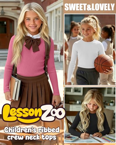 Image of 4 Pack Girls Long Sleeve Shirts Ribbed Knit Cotton Crewneck Tops Slim Fit Soft Casual Kids Base Layer Undershirts