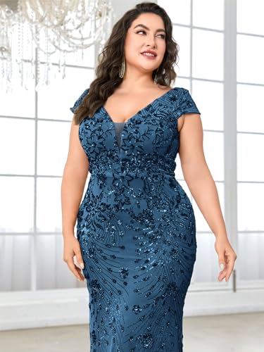 Image of Plus Size Womens Sequined Long Evening Gown Glamous Sleeveless V-Neck Mermaid Prom Dress for Wedding Party