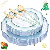 Liacere 150PCS Clear and Green Plastic Plates - Disposable Plates with Glitter Bamboo Handle Cutlery - 60 Baroque Elegant Plates,30Forks,30Spoons,30Knives for Christmas